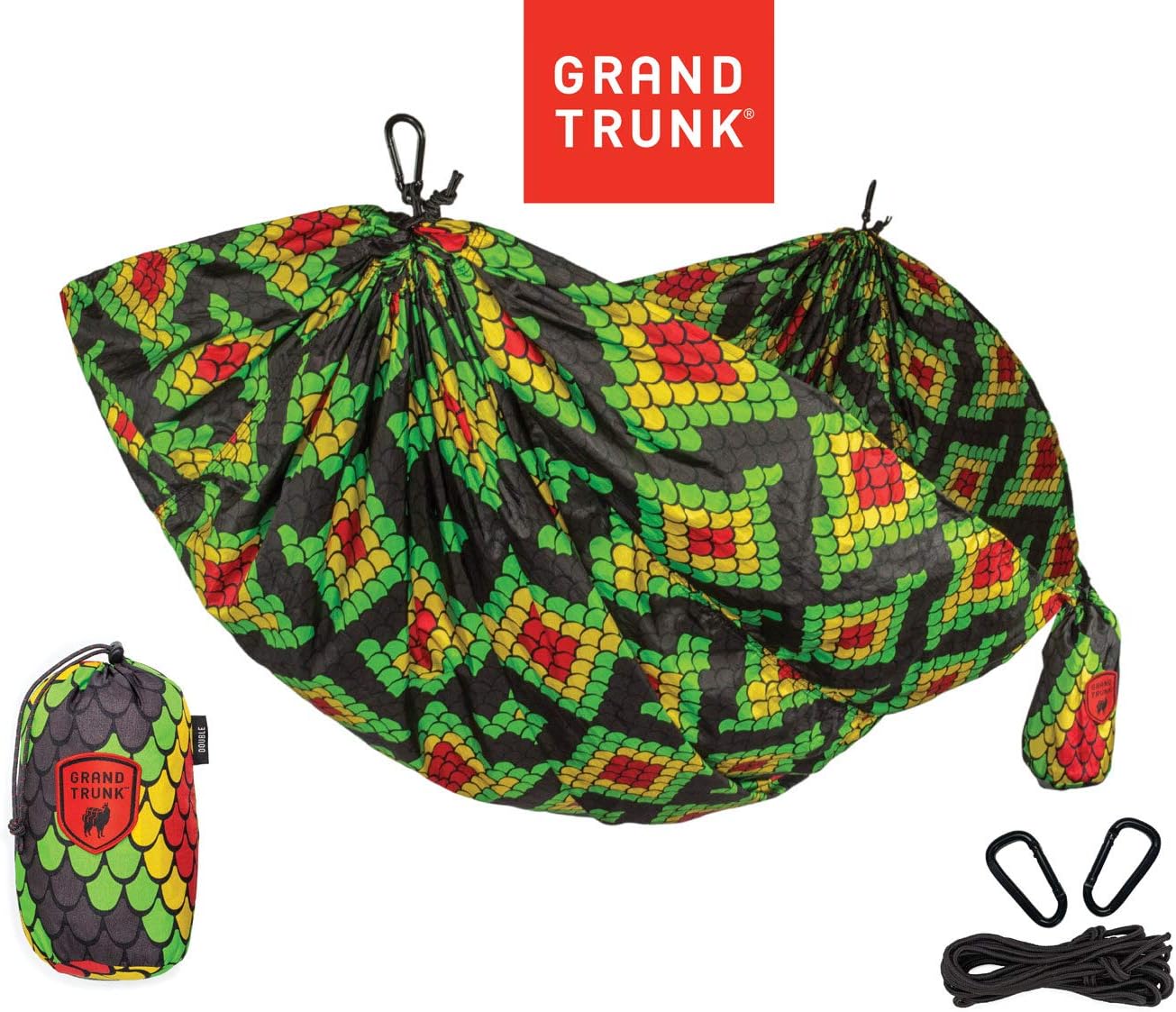 Grand Trunk Double Hammock with Carabiners and Hanging Kit - Prints and Patterns Parachute Nylon - Rasta