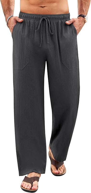Calças de linho masculinas de algodão de verão com bolsos com cordão