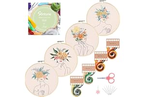 Santune 4 Pack Embroidery kit with Patterns and Instructions,DIY Beginner Cross Stitch Kits for Adults, with 4 Embroidery Clothes Women and Flower Pattern,2 Embroidery Hoops, Color Threads and Needles