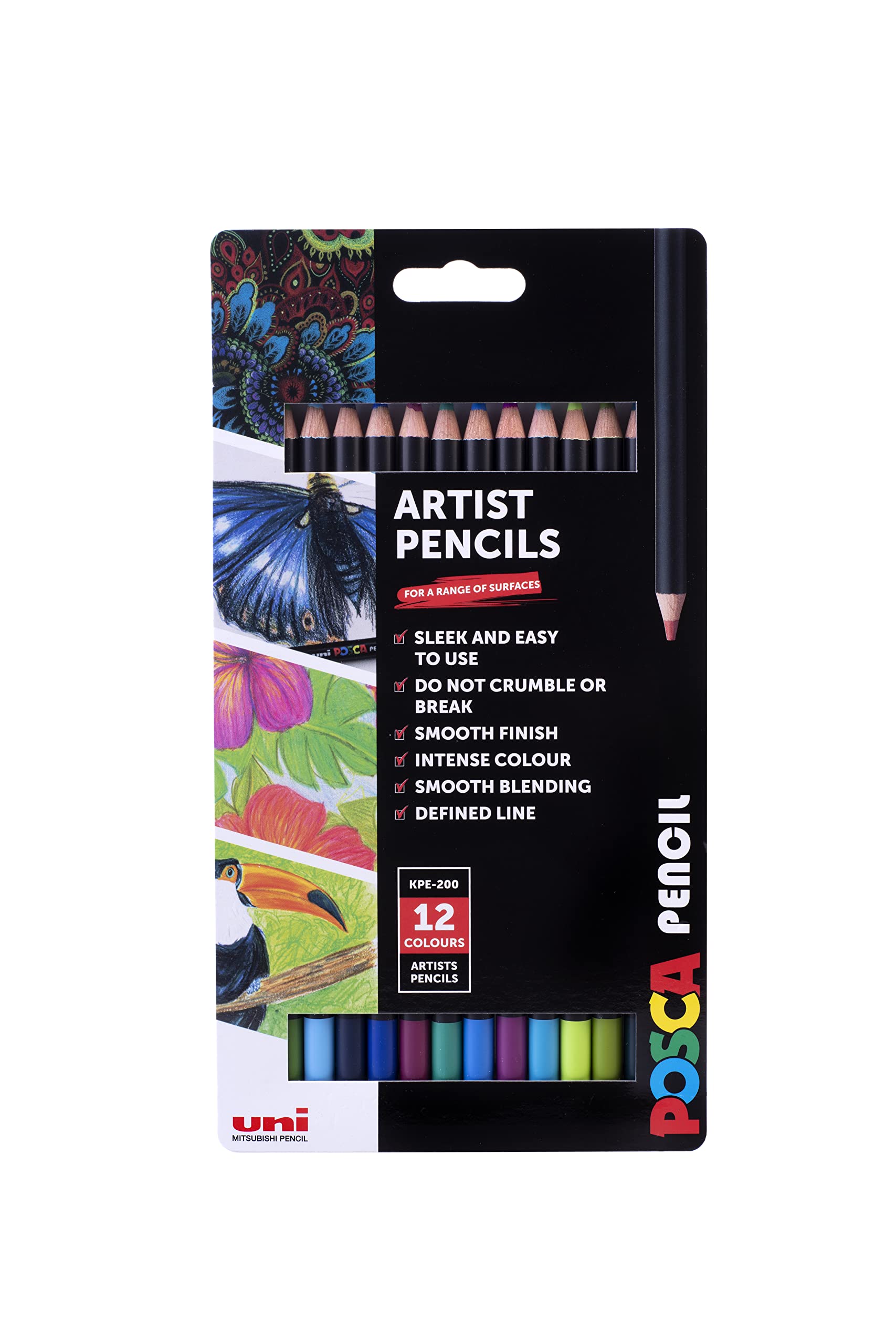 POSCA KPE-200 Oil and Wax Colouring Pencils. Premium Tough Nib for Arts and Crafts. Multi Surface Use On Wood, Fabric, Paper, Cardboard, & Canvas. Perfect for Creative Drawing. 12 Cosmos Colours