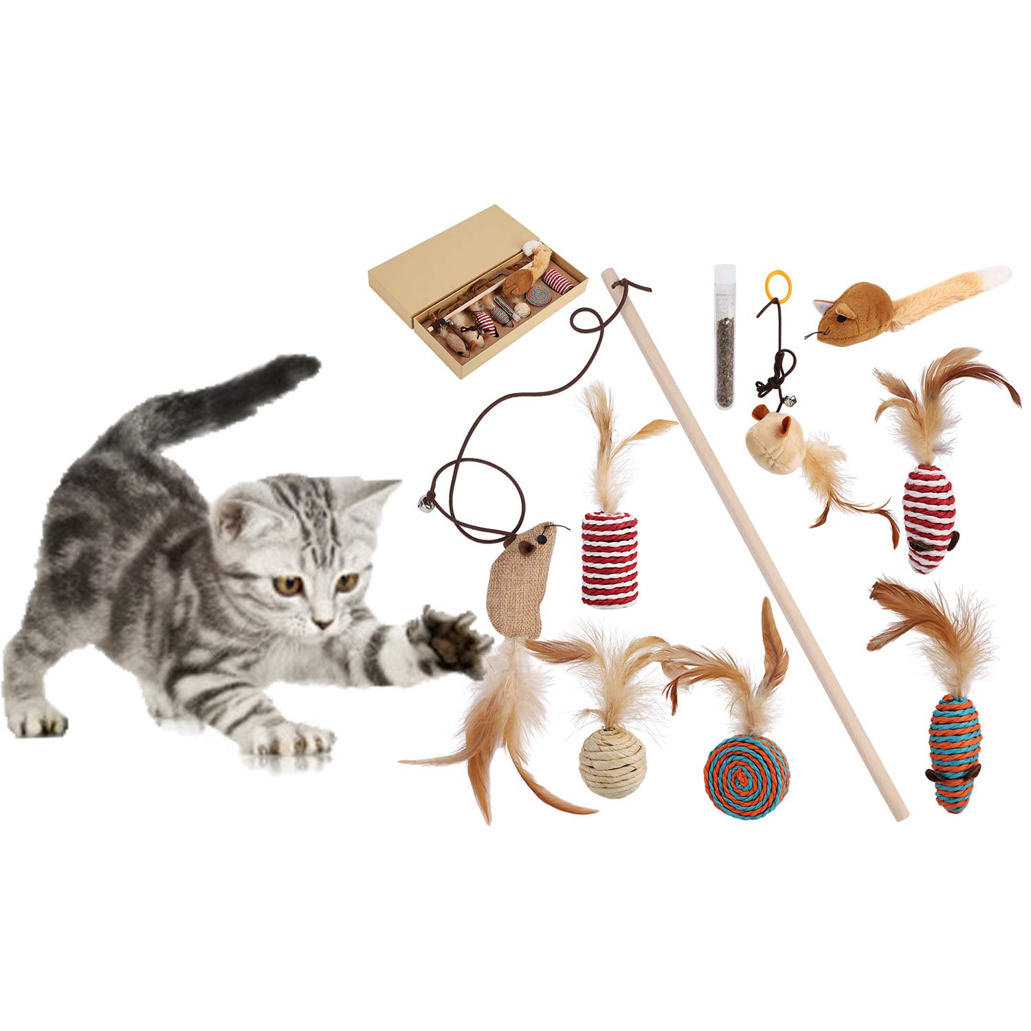 LONTG 10Pcs Cat Scratching Toys Interactive Feather Toy Cat Feather Teaser Wand Toy for Kittens Training Indoor Cats Toy Mouse Toy Ball Assorted With Refills Bell Catnip Cat Toys Box Gift