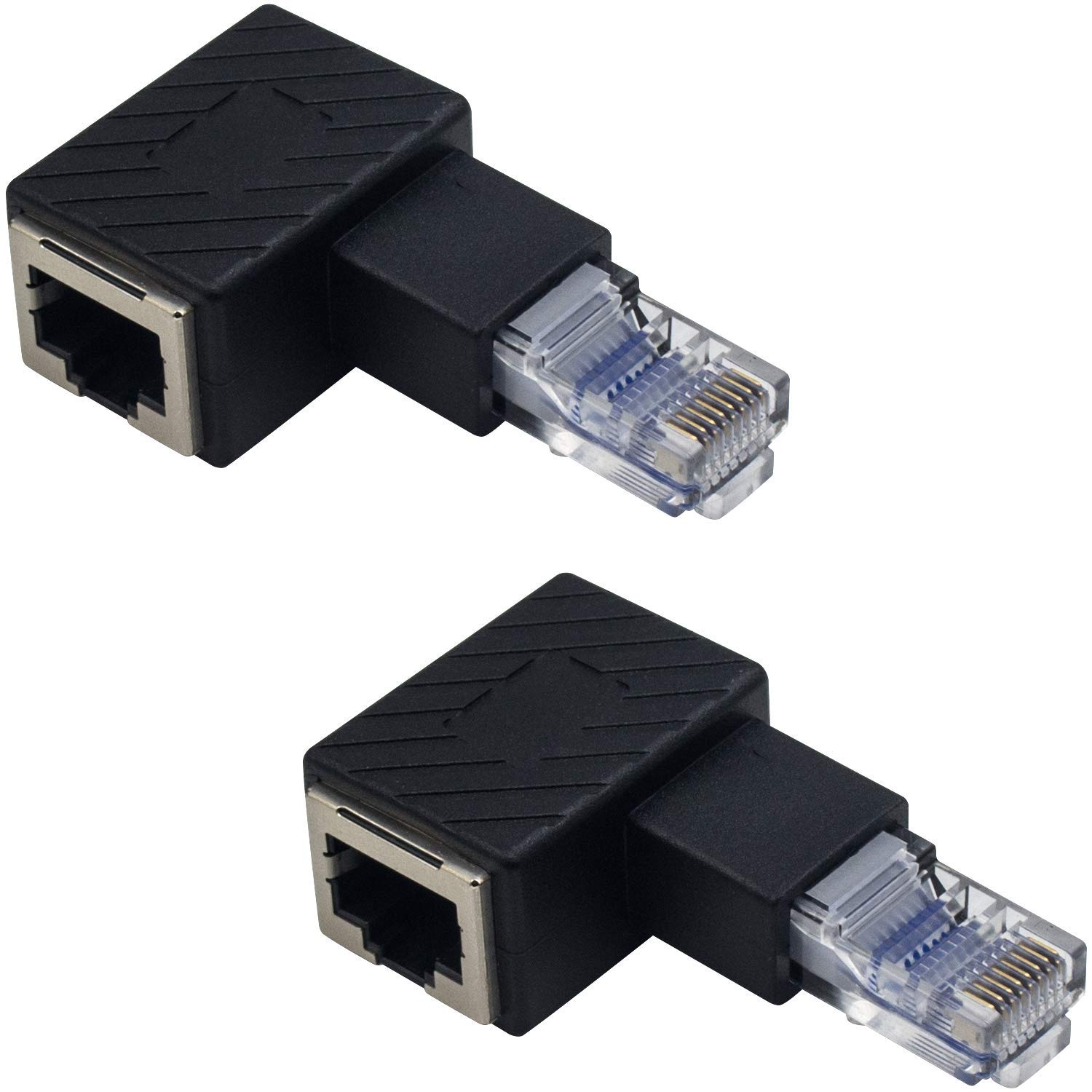 Duttek 90 Degree Ethernet Adapter, Left Angled RJ45 Male to Female Adapter Shielded Network Patch Connector Compatible with Switch, Modem, Router, PC, Network Printer, PS3,etc 2 Pack โ image 1