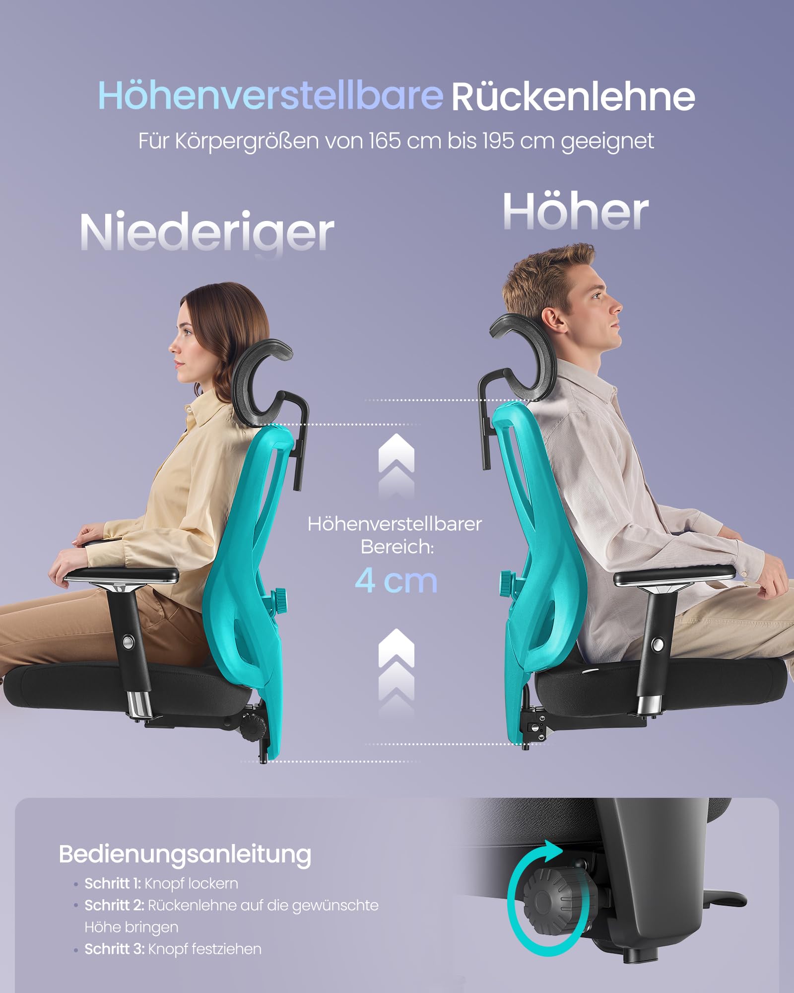 SONGMICS Bürostuhl ergonomisch, Schreibtischstuhl, Gaming-Stuhl, verstellbare Lenden-, Kopfstütze, Armlehnen, für Verschiedene Körpergröße, bis zu 150 kg belastbar, tintenschwarz OBN067BH01 3