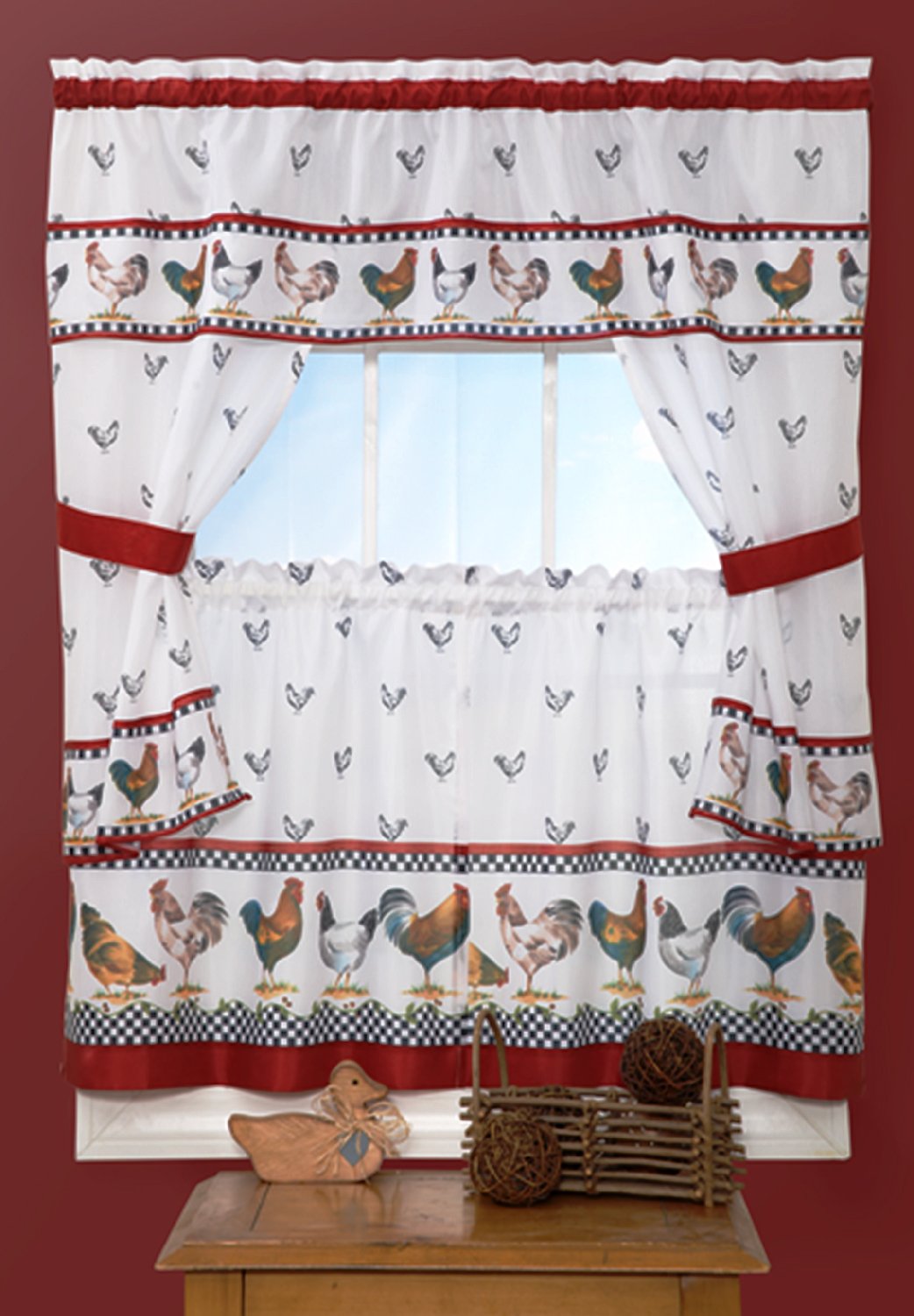 Sweet Home Collection 4 Piece Kitchen Curtain Set with Tier Pair, Tiebacks, and Valance, 36", Morning Rooster