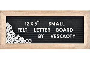 VESKAOTY Small Felt Letter Board with 374 Letters, Numbers & Symbols - 12 x 5 inch Mini Changeable Message Board with Wooden Frame Wall Mount Hook (Black Board & Wood Frame)