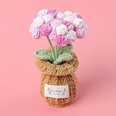 Lutoku Crochet Puff Flower Plant, Small Cute Handmade Knitted Flowers with Vase, Small Crochet Potted Artificial Flower Plants for Desk Home Car Dashboard Office Decorations (Puff-Pink)