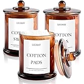 3 Pack Glass Qtip Holder Dispenser with Lids, Airtight Waterproof, 16 Oz Vanity Organizer Bathroom Canisters for Cotton Swabs, Balls, Pads, Floss Picks, Restroom Bedroom Kitchen Storage Jars, Amber