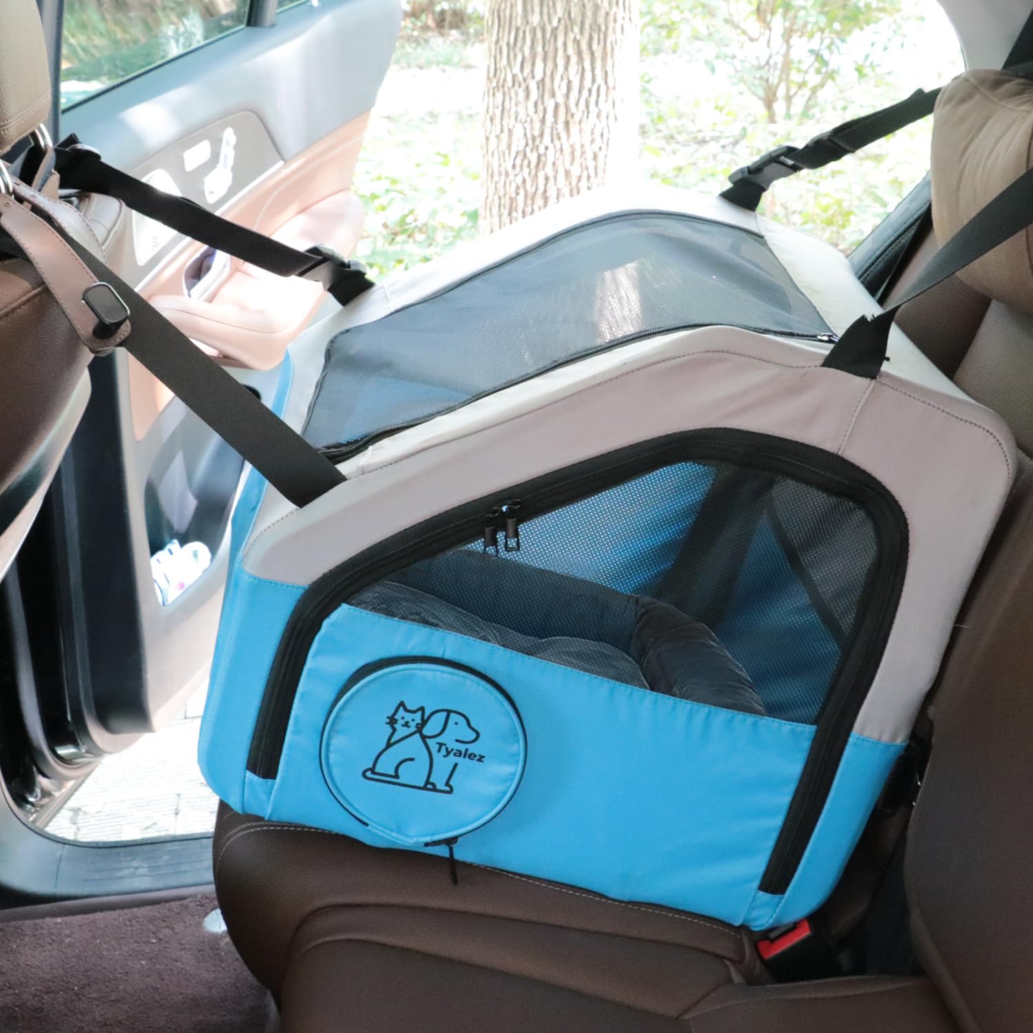 Photo 1 of Tyalez Small Portable Pet Crate for Car Travel, 19"x19"x17" Foldable Dog & Cat Carrier with Secures Seatbelt & Headrest Strap, Oxford Soft-Sided Pet Kennel with Removable Bed for Small Pets