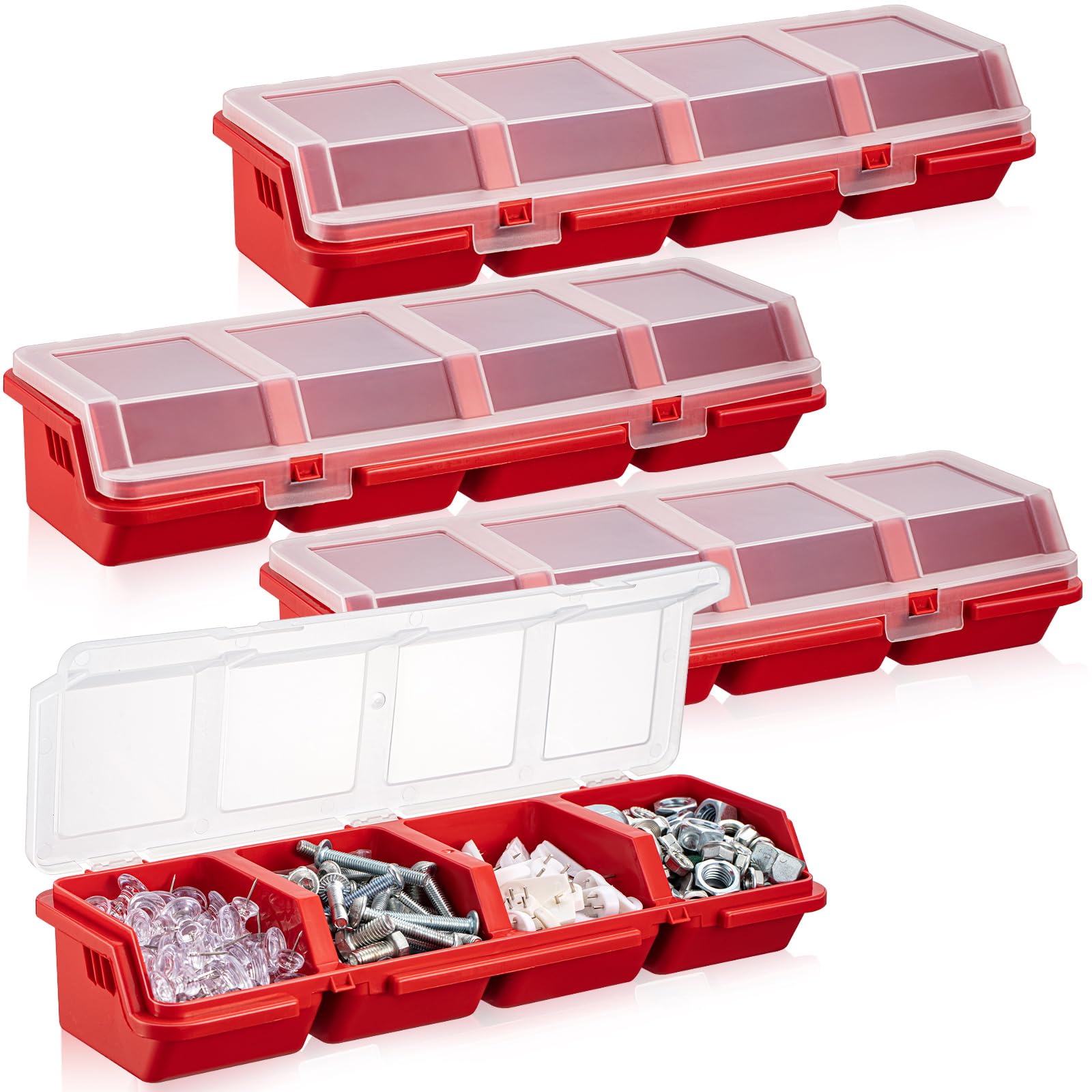 Photo 1 of Hushee 4 Pcs 6 Pack Screw Organizer Box with Lid 4 Compartments Tool Bin Divider Plastic Stackable Hardware Organizer Small Part Storage Sorting Screw Box Case for Garage Craft Storage (Red)