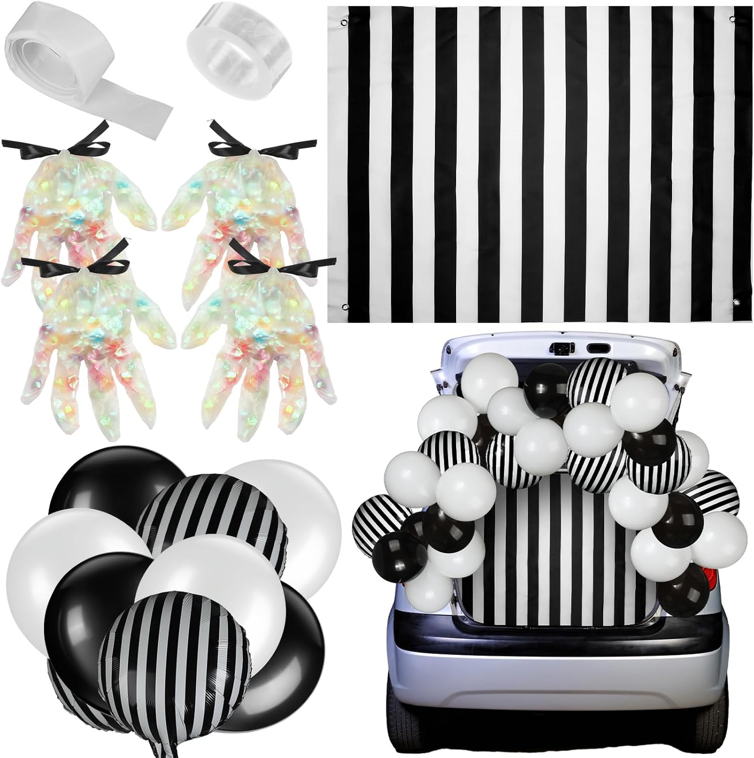 Garage Door Decorations - Tigeen 64 Pcs Halloween Trunk or Treat Car Decorations Kit Halloween Balloon Garland Arch Hand Shaped Treat Bag Black and White Striped Car Backdrop for Outdoor Garage Door Archway Party Supplies