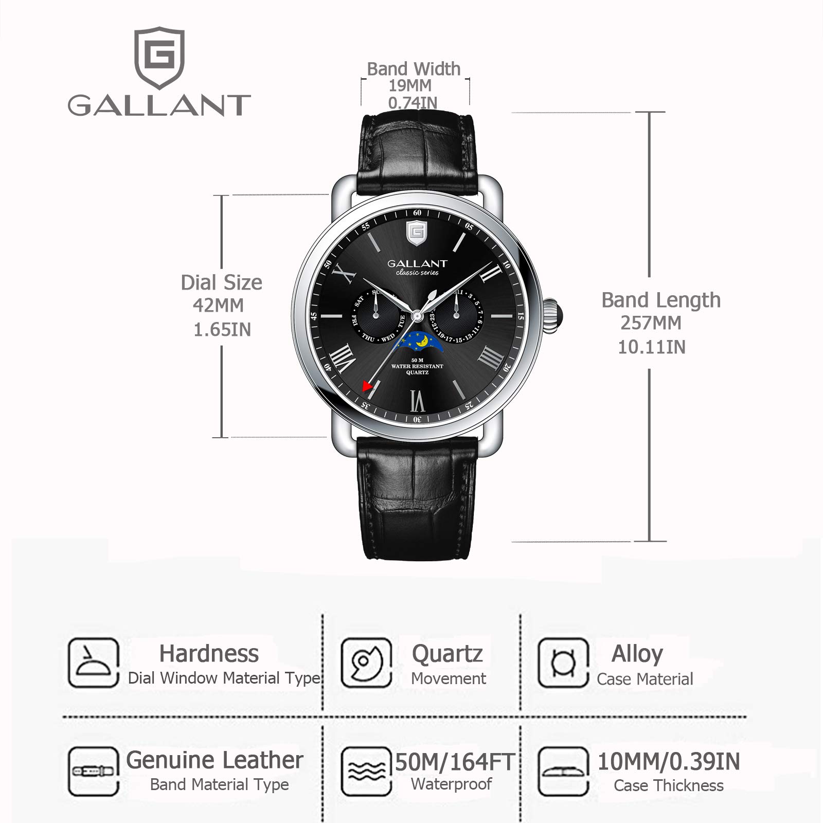 Mens Wrist Watch, GALLANT Analog Quartz Watches Men Wristwatch Leather Band Strap with Date Moon Phrase Date Calendar Waterproof Black Dial Casual Watch for Sports Daily Business