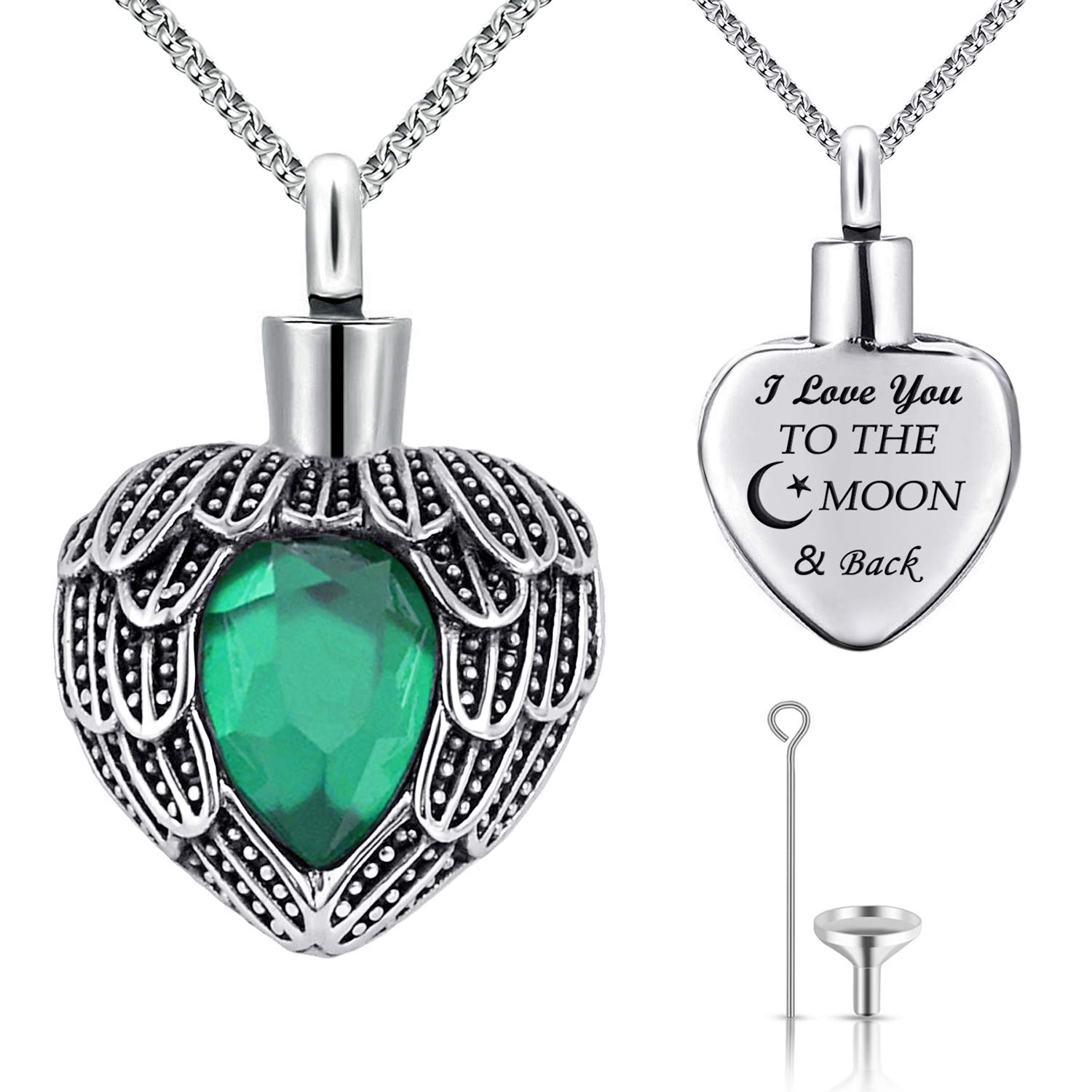 MUERDOU Urn Necklaces for Ashes Angel Wing Birthstone Charm Heart Cremation Jewelry Keepsake Holder Memorial Necklace Pendant