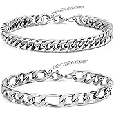 Aospkle 2PCS Cuban Link Figaro Bracelet for Men, Silver Gold Black Sturdy 316L Stainless Steel Cuban Link Chain with 2-inch Extension Chain Jewelry Set with Gift Message Card 8mm