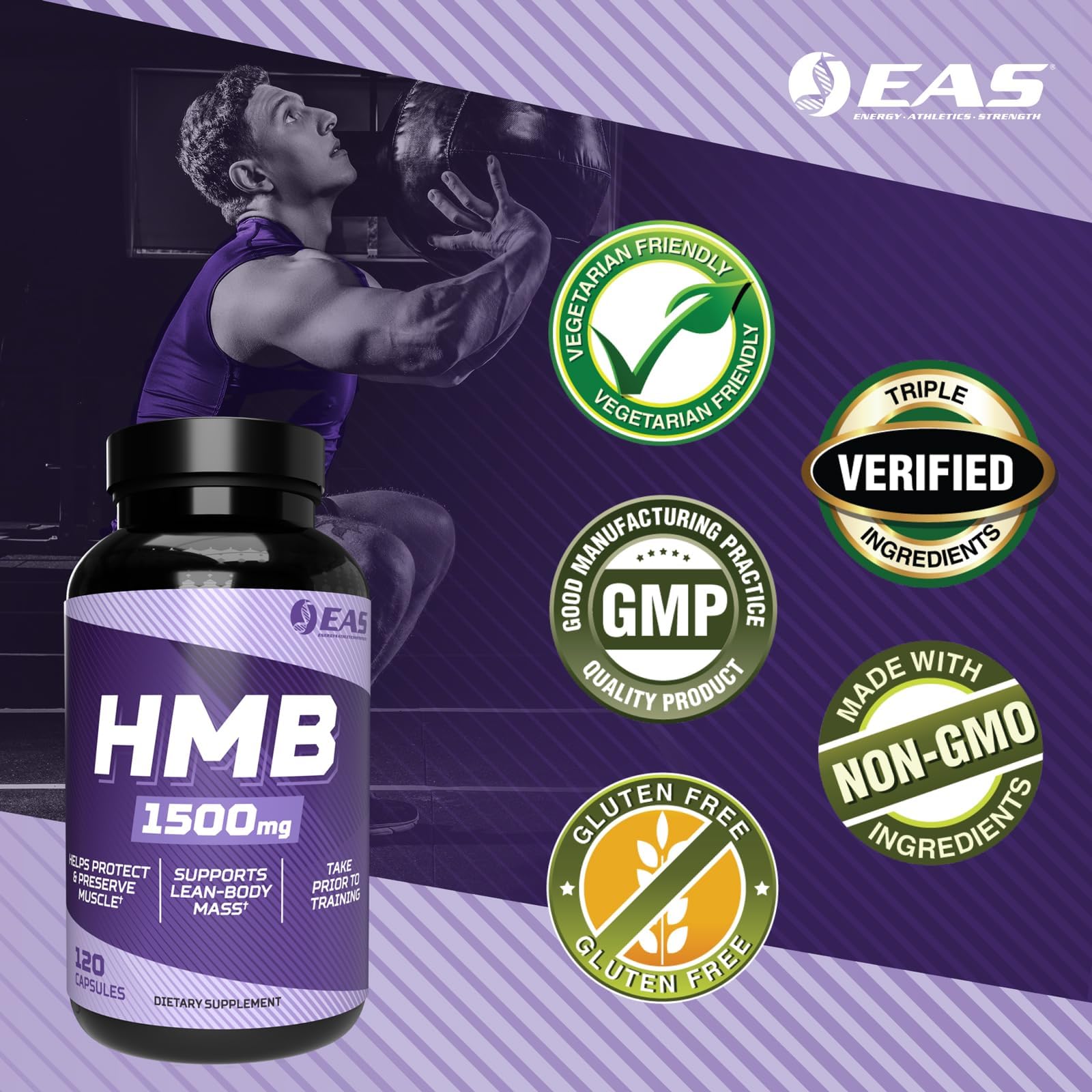 EAS HMB 1500mg | Quality Beta-Hydroxy Beta-Methylbutyrate | Protect & Support Lean Muscle Mass | Enhanced Recovery & Muscle Repair | 120 Capsules