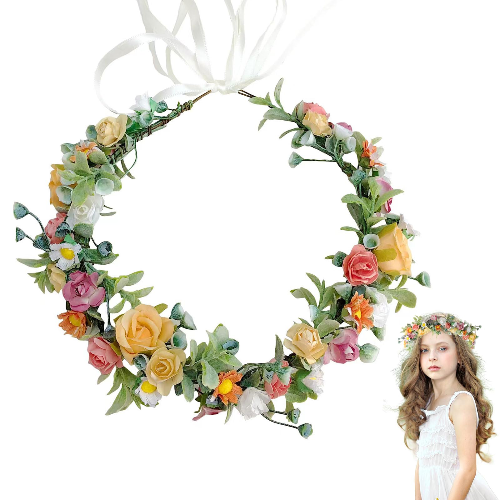 UILYNIU Rose Flower Crown Flower Crown Floral Wreath With Ribbon Headbands Hair Garland Wedding Bridal Headpiece Hawaiian Party Accessories for Women Girls Colorful Bohemian Bridal(1 pcs, one size)