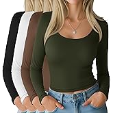 Oakgarden 4 Pack Women's Long Sleeve Crop Tops, Tight Going Out Tees Scoop Neck Solid Slim Shirts Fall Basic Y2k Tees