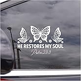 JANES He Restores My Soul Psalm 23:3 Decal, UV DTF Transfer Car Decal, Butterfy Scripture Car Window Stickers, Aesthetic Bible Car Decals for Christian, Religious Car Decals for Trucks