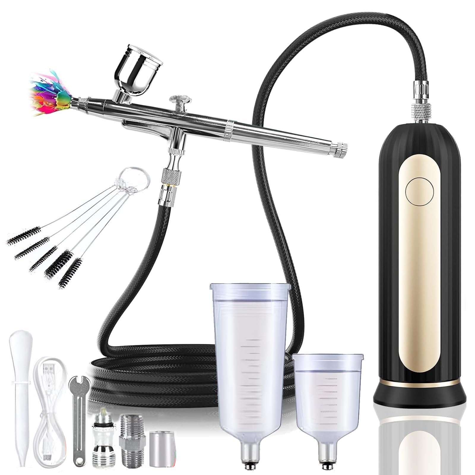Airbrush Set, Auto Handheld Airbrush Gun, Airbrush Kit Portable Wireless Air Brush for Barber, Nail Art, Cake Decor, Makeup, Model Painting - Black Gold