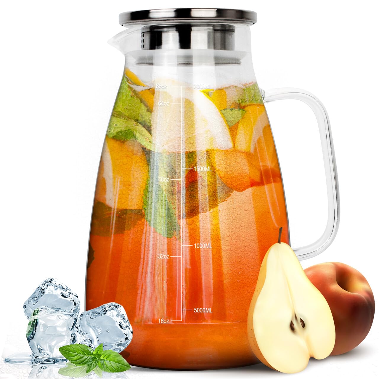 HEFTMAN 2 Litre Glass Jug with Lid - Water Jug Made of Heat Resistant Borosilicate, Glass Pitcher for Iced Tea, Juice, Milk, Sangria, Hot or Cold Drinks