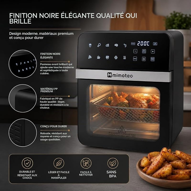 - Friteuse à air chaud Vera Touch 10L, sans huile, 1800W, 10 menus numériques, écran tactile, fonction grill, minuterie réglable, 2 niveaux, température 80-200°C, cuisson facile et saine