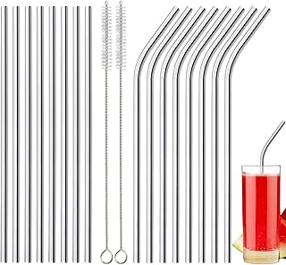 Annvchi 304 Edelstahl Strohhalme Wiederverwendbar, 16 Metall Trinkhalme Im Set, Mit 2 Reinigungsbürsten, Umweltfreundlich, Ungiftig, Waschbar, Ideal Für Smoothie, Milchshake