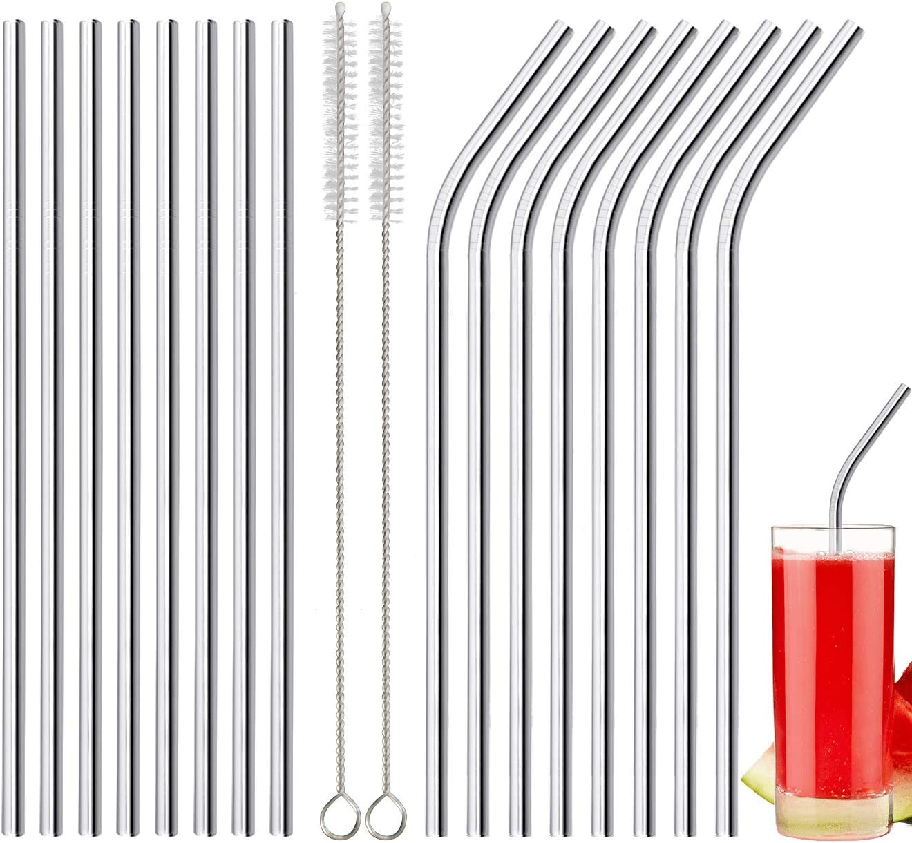 Annvchi 304 Edelstahl Strohhalme Wiederverwendbar, 16 Metall Trinkhalme Im Set, Mit 2 Reinigungsbürsten, Umweltfreundlich, Ungiftig, Waschbar, Ideal Für Smoothie, Milchshake