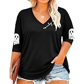 WOSHN Plus Size Halloween Shirts for Women Spooky Season 3/4 Sleeve Tops | Womens Plus Size Halloween Ghost Graphic T Shirt Tis The Season Outfit Halloween Pumpkin Fall Casual V Neck Tees