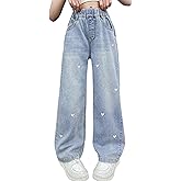 Rolanko Girls Baggy Jeans Distressed Denim Pants Elastic Waist Wide Leg Jeans for Girls Kids Loose Fit 4-14 Years