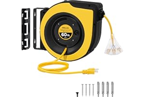 WILAWELS Retractable Cord Reel, 60 FT Heavy Duty Extension Cord, 12AWG/3C SJTOW, 3 Grounded Outlets Lighted Triple Tap, 15A Circuit Breaker, Wall/Ceiling Mounted, UL Listed, Yellow Y60CR06