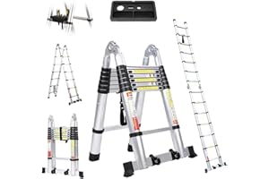 DAJIANGLX 14.5FT Telescoping A Frame Ladder, 2-in-1 Extension Ladder, Multi-Purpose Aluminum Telescopic Ladders with Ladder Stabilizer Wheels, Folding Foldable Extendable Ladder for Home Homeuse RV Attic Roof