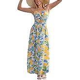 CUPSHE Summer Dress for Women V Neck Sleeveless Floral Cutout Smocked Ruffled Maxi Formal Beach Dress