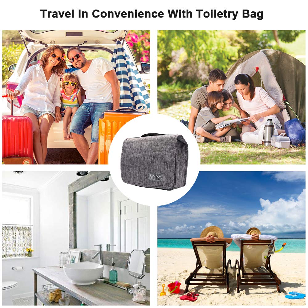 Hanging Toiletry Bag Water Resistant, Travel Wash Bags Cosmetic Bags with 8 Pouches, Bathroom Shower Organizer Portable Durable for Men and Women (Grey)