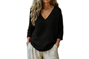 Womens Cotton Linen Solid Tops V Neck 3/4 Sleeve Plus Size Blouses Casual Loose Fit Tee Shirts Boho Fashion Tunic
