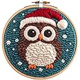 DIY Punch Needle Kits for Beginners Owl Wear Christmas Hat with Hoop Punch Needle Starter Craft Embroidery Set Easy for Adults and Children Festival Gift and Decoration 20x20cm-1