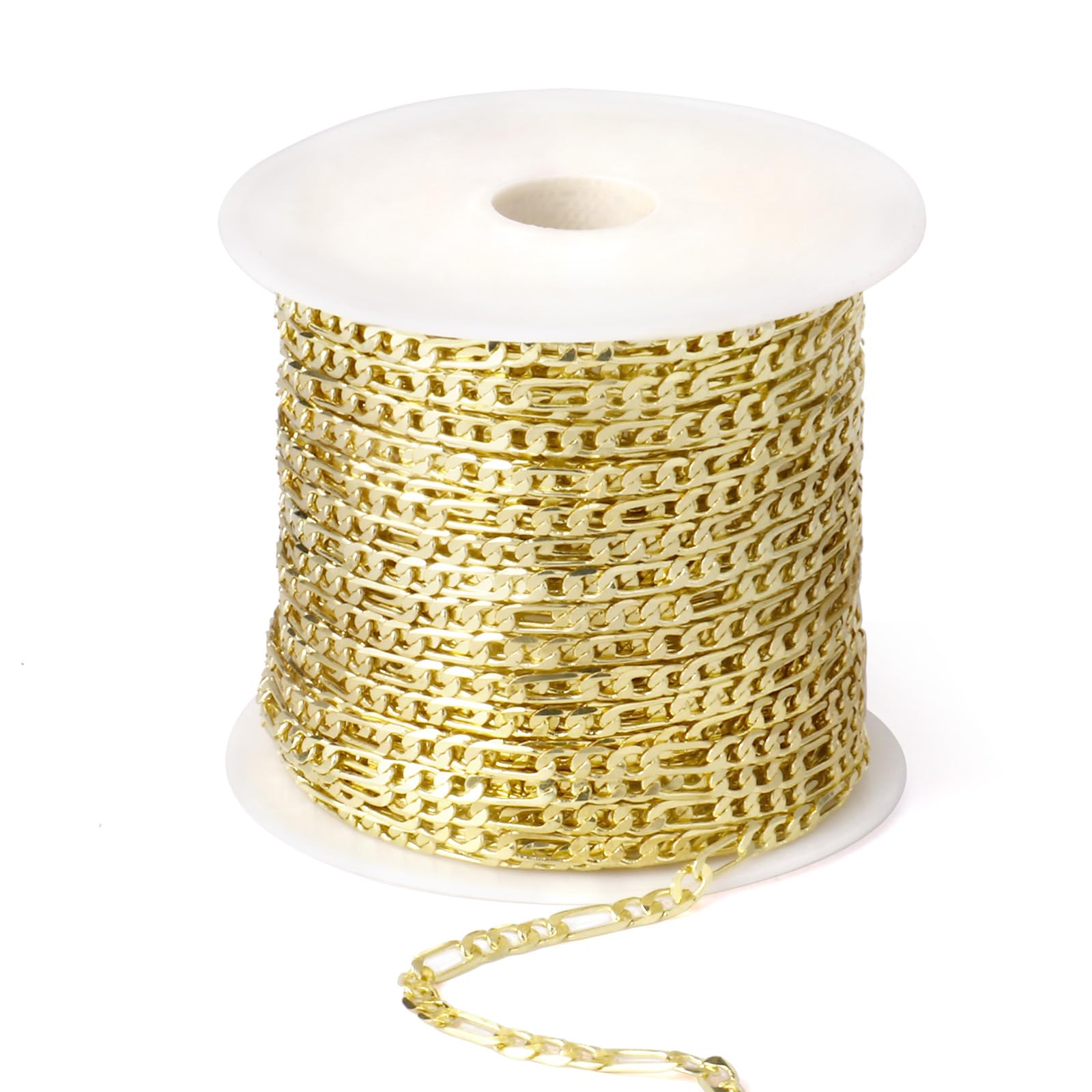 Photo 1 of [33 FT] Gold Figaro Chains Roll, 2mm Wide 14K Gold Plated Brass Figaro Link Chain Roll Bulk for Jewelry Making