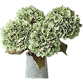 mizii 4Pcs Green Artificial Hydrangea Flowers Large Fake Silk Hydrangea Flower with Leaves Stems Realistic Faux Hydrangeas Decorations for Wedding Table Centerpieces Vase Home Decor (Green)