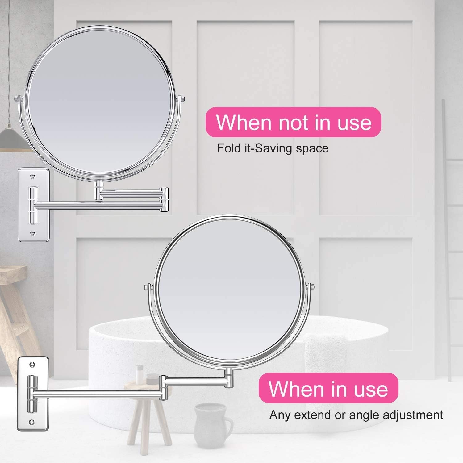 Gospire 9" Large Size Wall Mounted Makeup Mirror with 1X/5X Magnification, Double-Sided 360° Swivel - Image 4