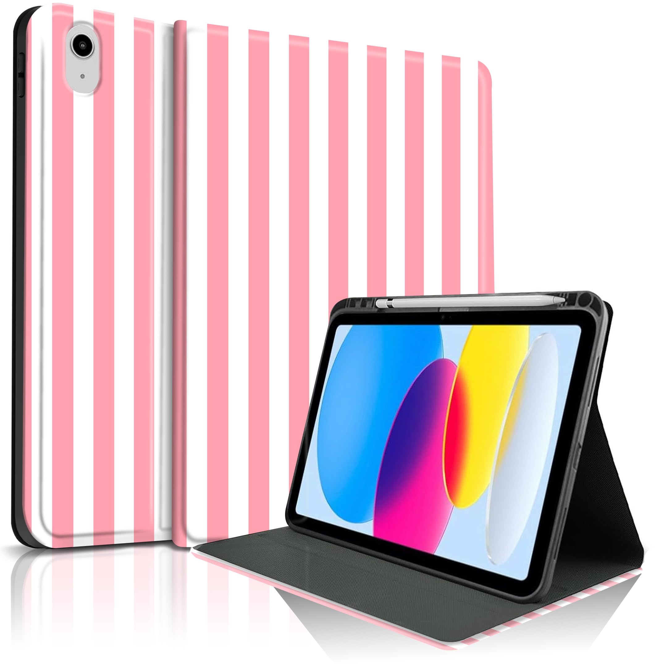 Photo 1 of TopPerfekt Case for iPad 11th (A16) 11-inch 2025/iPad 10th Generation 10.9-inch 2022, Striped Cute Girly Collegiate Style Case with Pencil Holder for Kids, Boys, Girls, Anti-Slip,Anti-Shock-Pink White
