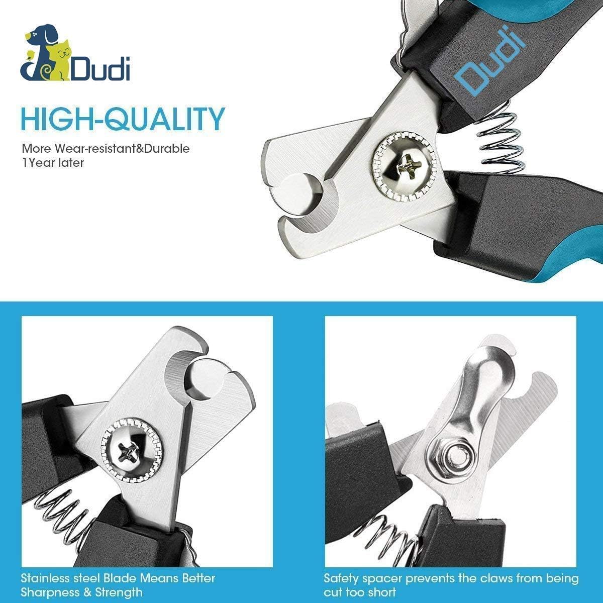Dudi Dog Nail Clippers and Trimmer - with Quick Safety Guard to Avoid Over-Cutting Toenail - Grooming Razor Sharp Blades for Small Medium Large Breeds (Blue)