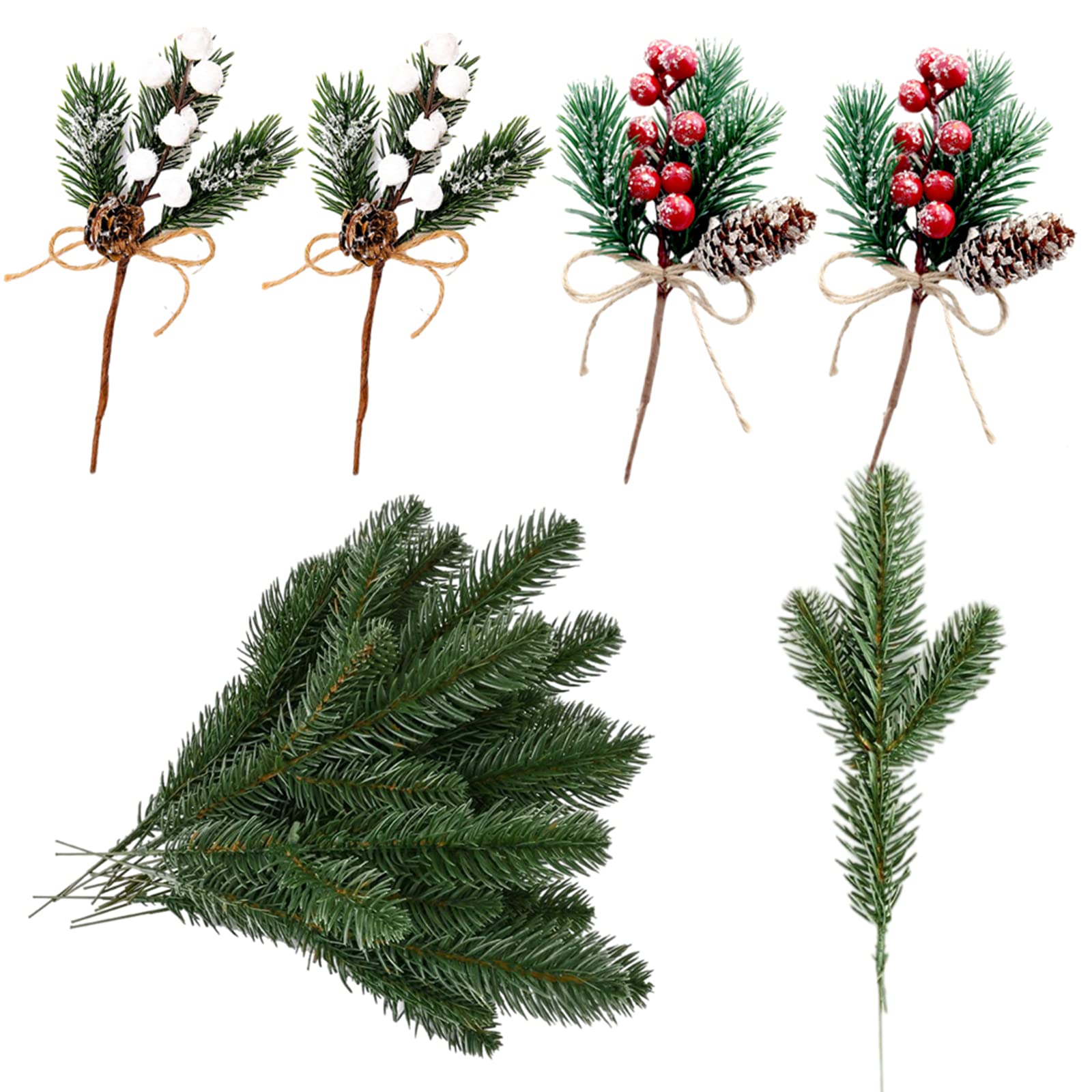 12Pcs Artificial Pine Branches with Green Leaves and Berries - Plastic Pine Leaves for Home, Garden, Xmas Decor, DIY Craft Wreath