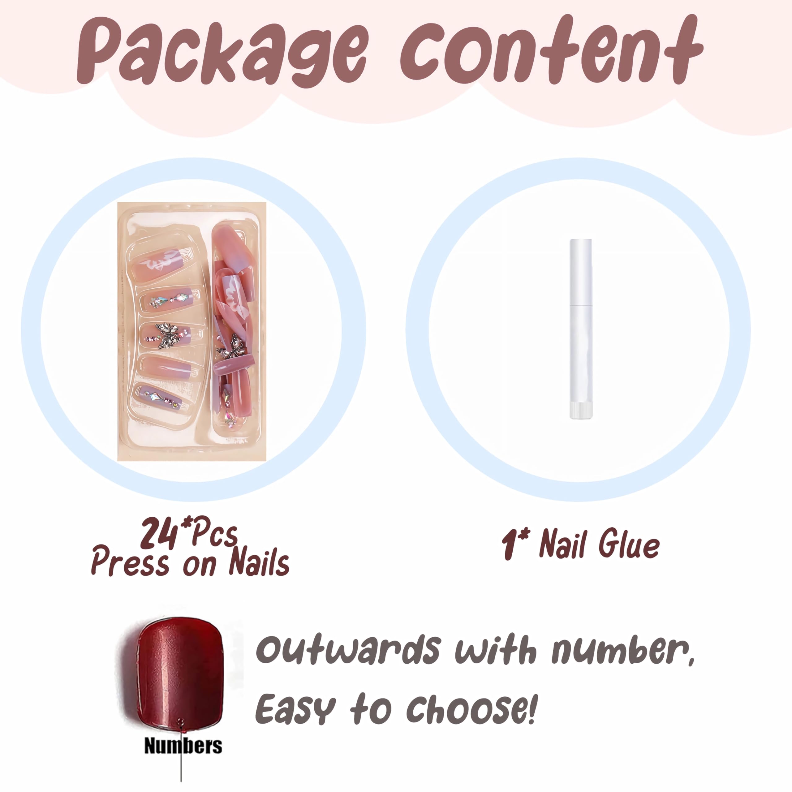 BABALAL Purple Press on Nails Long Square Fake Nails Butterfly Design Glue on Nails 3D Flower Charm Acrylic Nails 24Pcs Bling Squoval Luxury Full Cover False Nails - Image 4