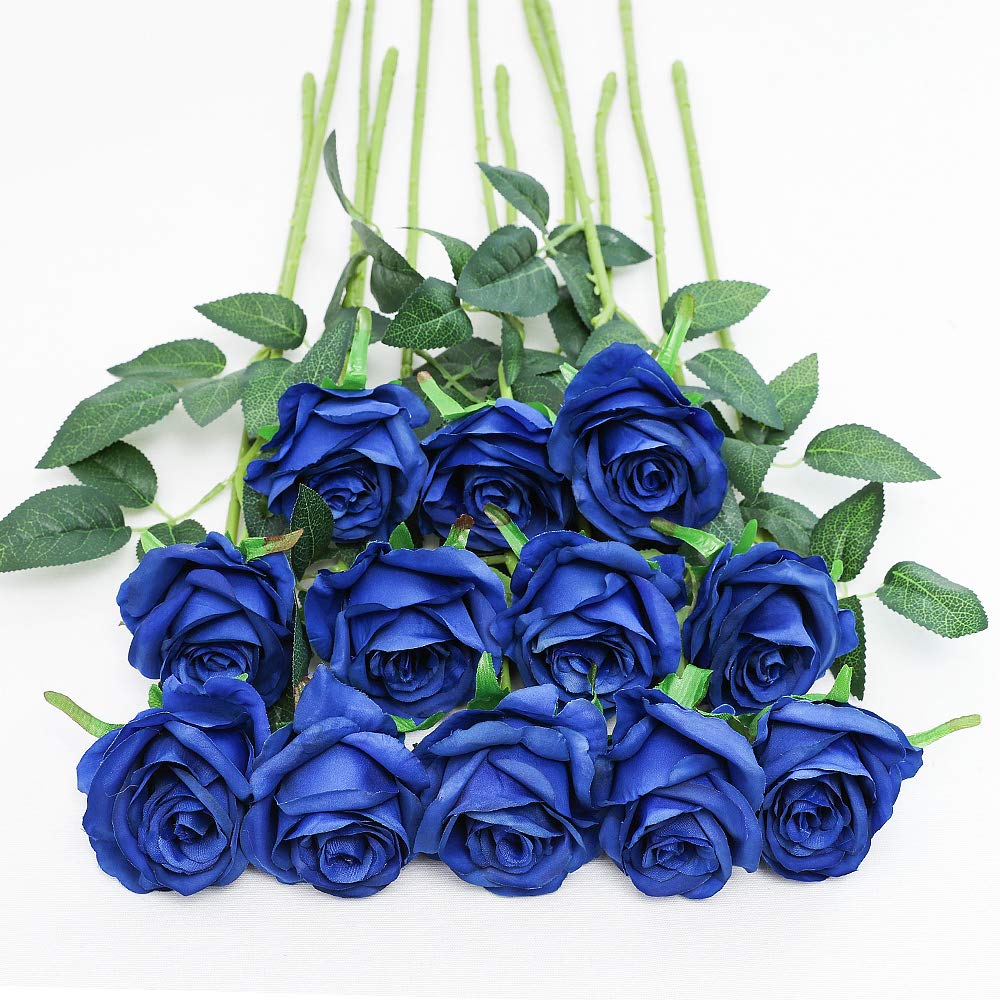 Tifuly 12 PCS Artificial Roses, 19.68'' Single Long Stem Fake Rose Silk Bridal Wedding Bouquet Realistic Flower for Home Garden Party Hotel Office Decor(Blossom Roses,Blue)