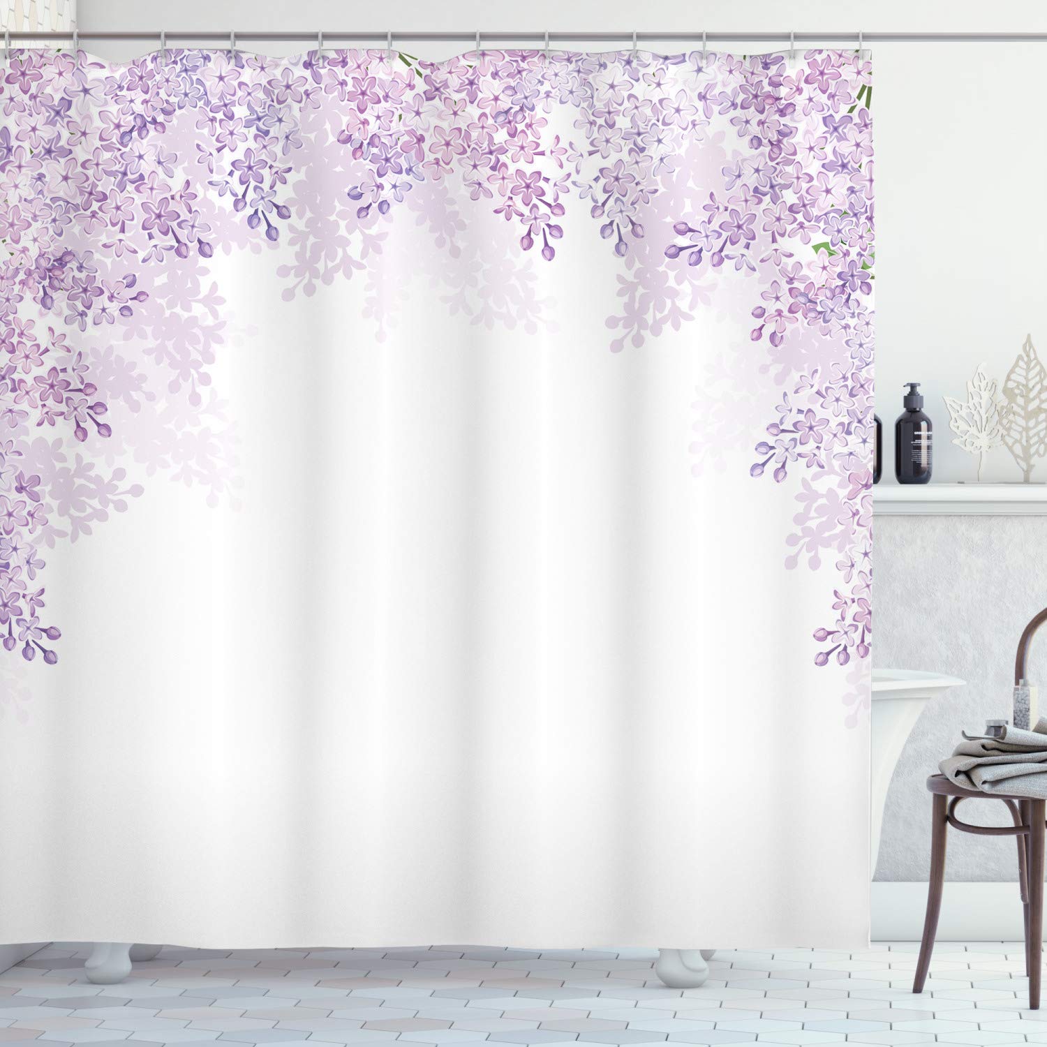 ABAKUHAUS Flower Shower Curtain, Framing Lilac Flowers in Blossom Vernal Season Soothing Color Shades, Cloth Fabric Bathroom Decor Set with Hooks, 175 x 220 cm, Pale Mauve Lavender