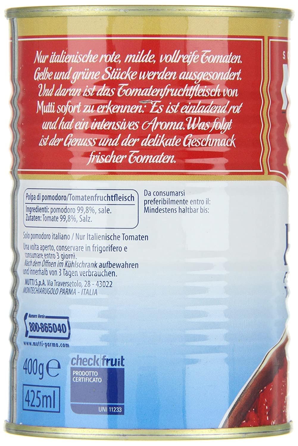 Mutti Polpa – Feinstes Tomatenfruchtfleisch in Stücken – 100% italienische Tomaten aus Parma – aromatisch & vielseitig für Pizza, Pasta, Saucen – schonend 48x dose 400 g + Italian Gourmet polpa 400g 5