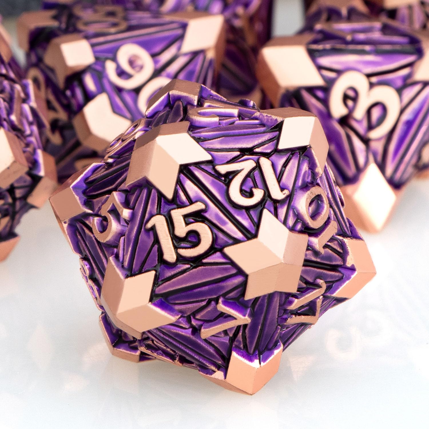 ORIFANTOU 7PCS Metal DND Dice Set with Box, Debris RPG Purple D and D Dice for use with D&D Tabletop Games Role Playing Game Polyhedral Dice Set D20 D12 D10 D8 D6 D4 — image 1