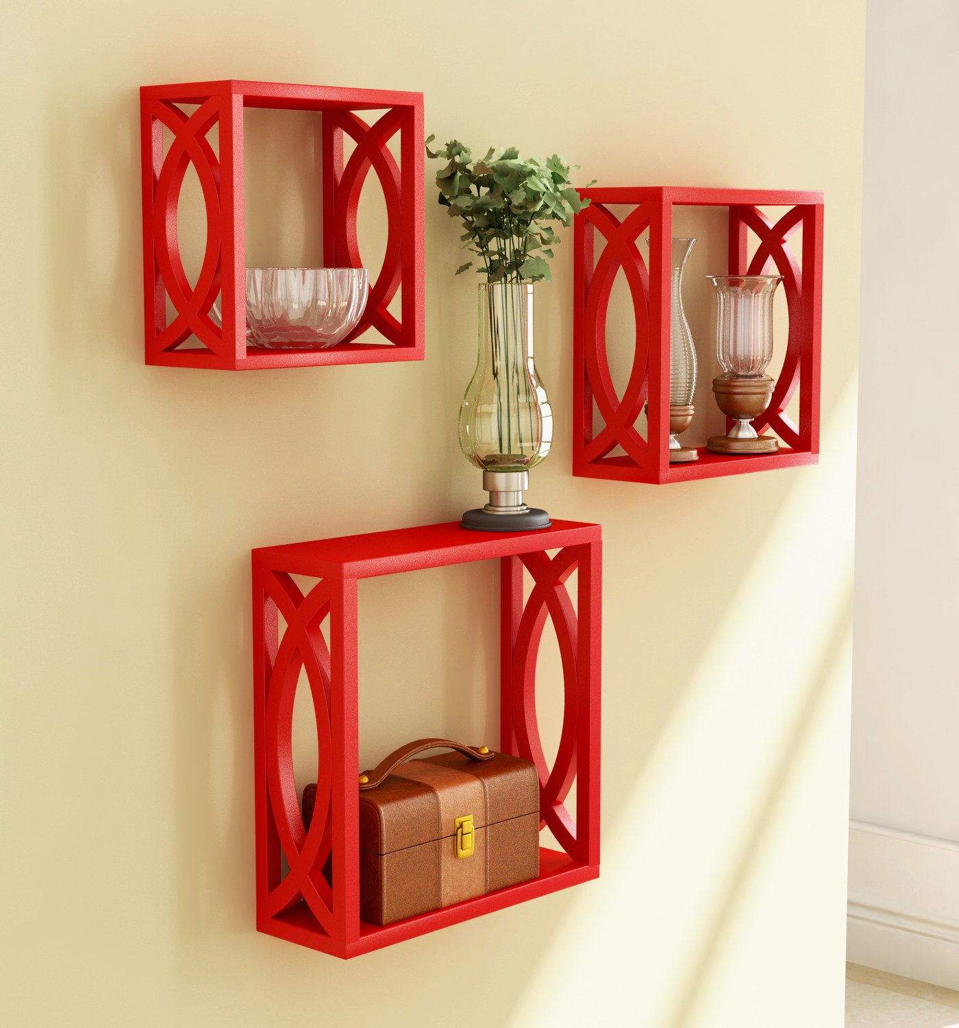 Home Sparkle Wooden Wall Shelf | Cube Design Wall Mounted Shelves for Living Room - Set of 3 (Red)