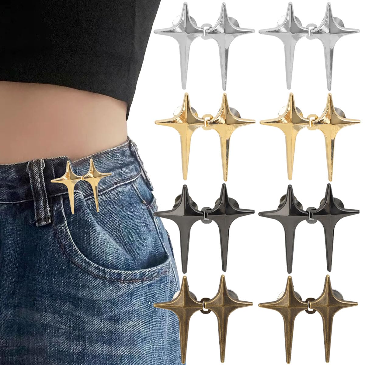 Photo 1 of 8 Sets Adjustable Star Button Pant Waist Tightener, Adjustable Waist Buckle Sets No Sew and No Tools Detachable Decorative Waist Buckles, Jean Buttons Pins for Loose Jeans, Pants, Skirts, Sleeves