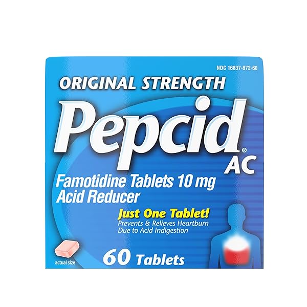PEPCID AC ORIGINAL STRENGTH HEARTBURN RELIEF TABLETS, PREVENTS & RELIEVES HEARTBURN DUE TO ACID INDIGESTION & SOUR STOMACH, 10 MG FAMOTIDINE TO REDUCE & CONTROL ACID, FAST-ACTING, 60 CT