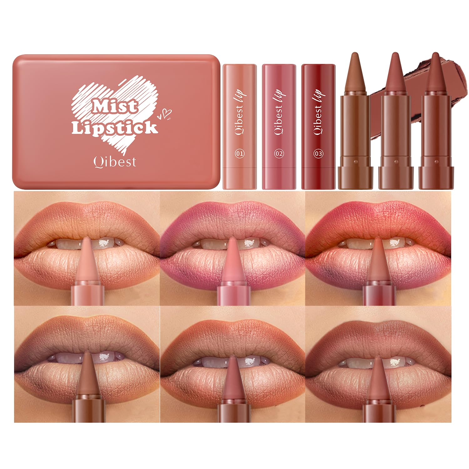 Beauty Glazed 6 Pcs Gradient Lip Liner and Lipstick Combo Set - 2-in-1 Ombre Lipstick & Brown Lip Liner Duo - Waterproof, Long-Lasting, Matte Finish - Smudge-Proof, Full Coverage Lip Kit for Fuller & Plumper Lips