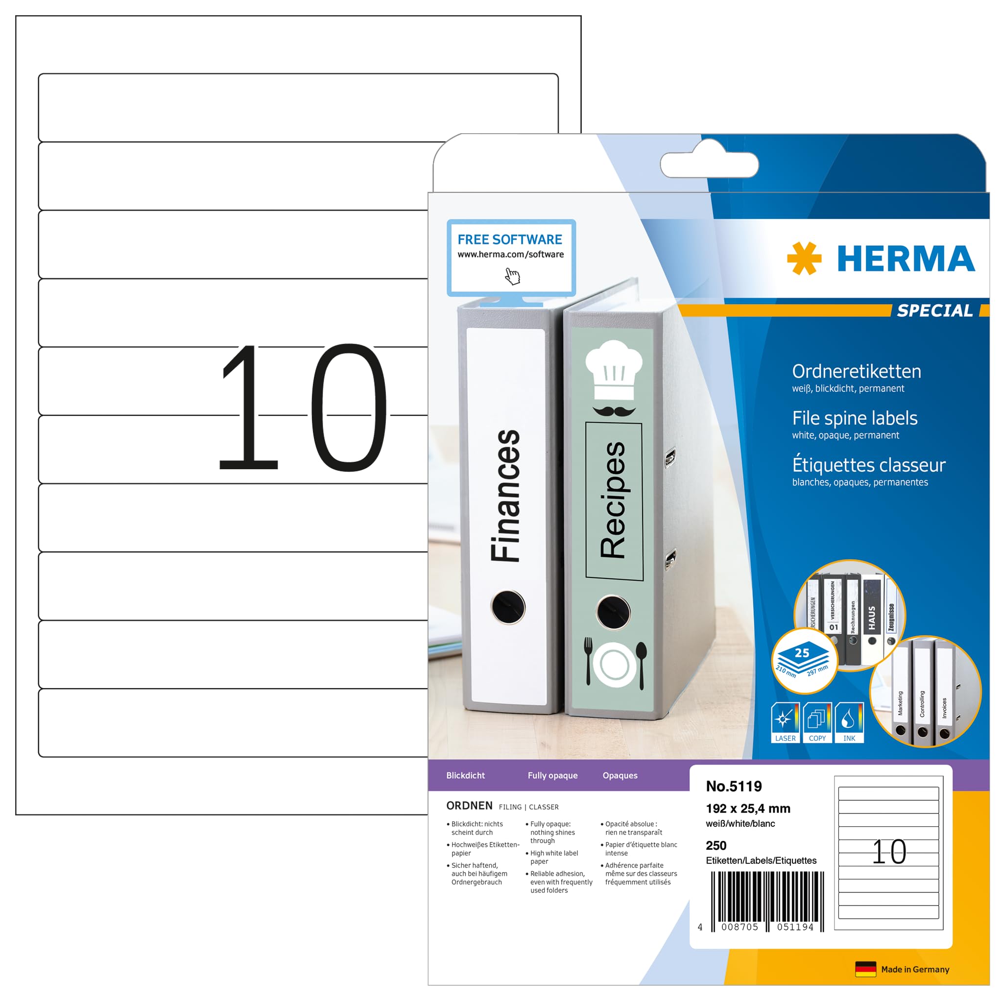 HERMA Self Adhesive Spine Labels, 10 Labels per A4 Sheet, 25 Sheets, 192 x 25.4 mm, 250 Labels, Blank Lever Arch File Folder Labels Stickers, Sticky Labels for Laser & Inkjet Printer, White